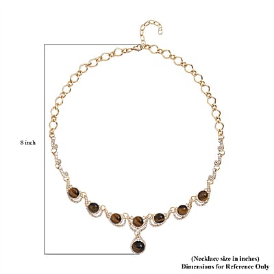 Yellow Tiger's Eye and Austrian Crystal Necklace 20-22 Inches in Goldtone 30.00 ctw