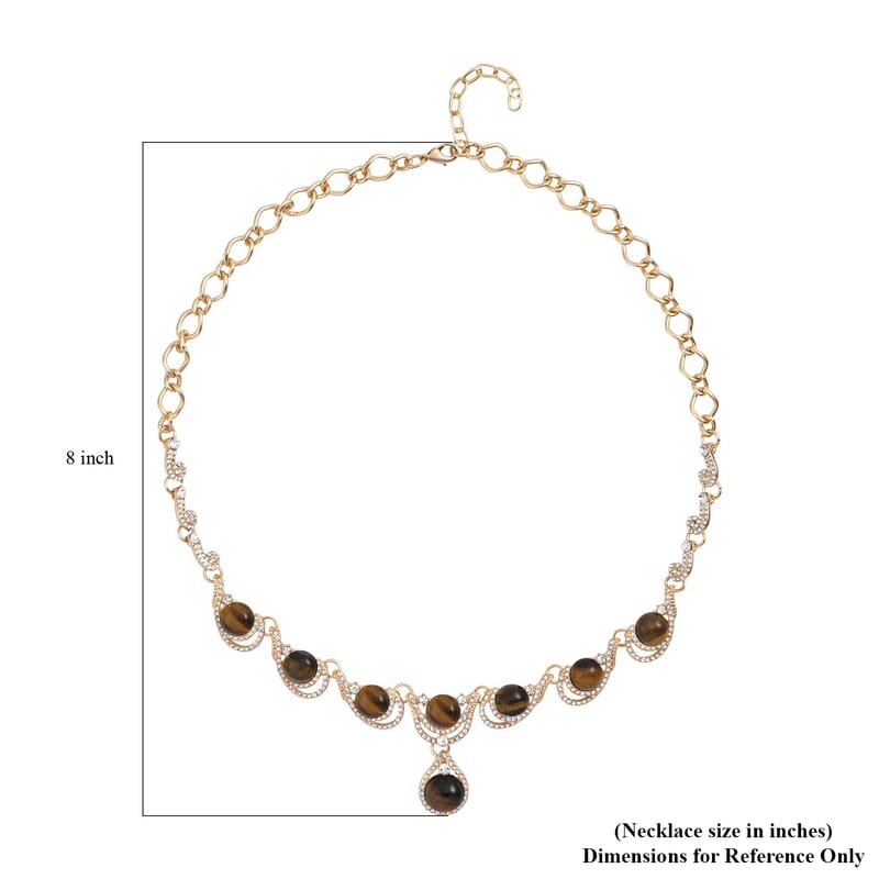 Yellow Tiger's Eye and Austrian Crystal Necklace 20-22 Inches in Goldtone 30.00 ctw