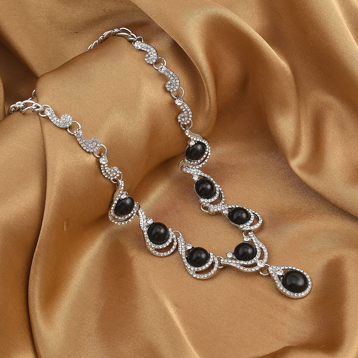 Black Obsidian and Austrian Crystal Necklace (20-22 Inches) in Silvertone 30.00 ctw image number 1