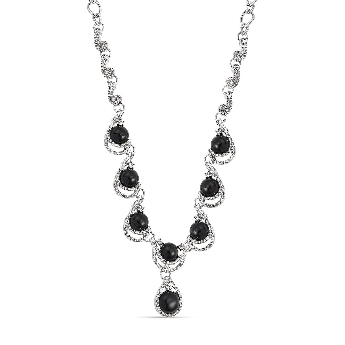Black Obsidian and Austrian Crystal Necklace (20-22 Inches) in Silvertone 30.00 ctw image number 2