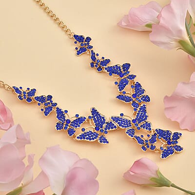 Blue Austrian Crystal Butterfly Necklace 20-22 Inches in Goldtone
