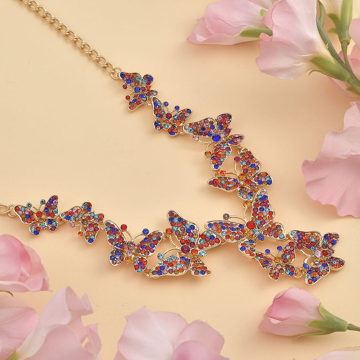 Multi Color Austrian Crystal Butterfly Necklace in Goldtone 20-22 Inches image number 1