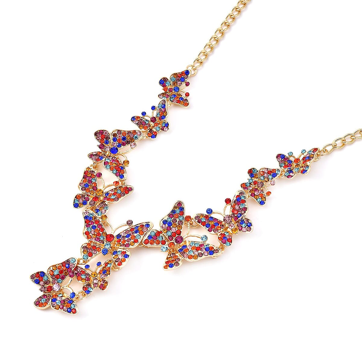 Multi Color Austrian Crystal Butterfly Necklace in Goldtone 20-22 Inches image number 2