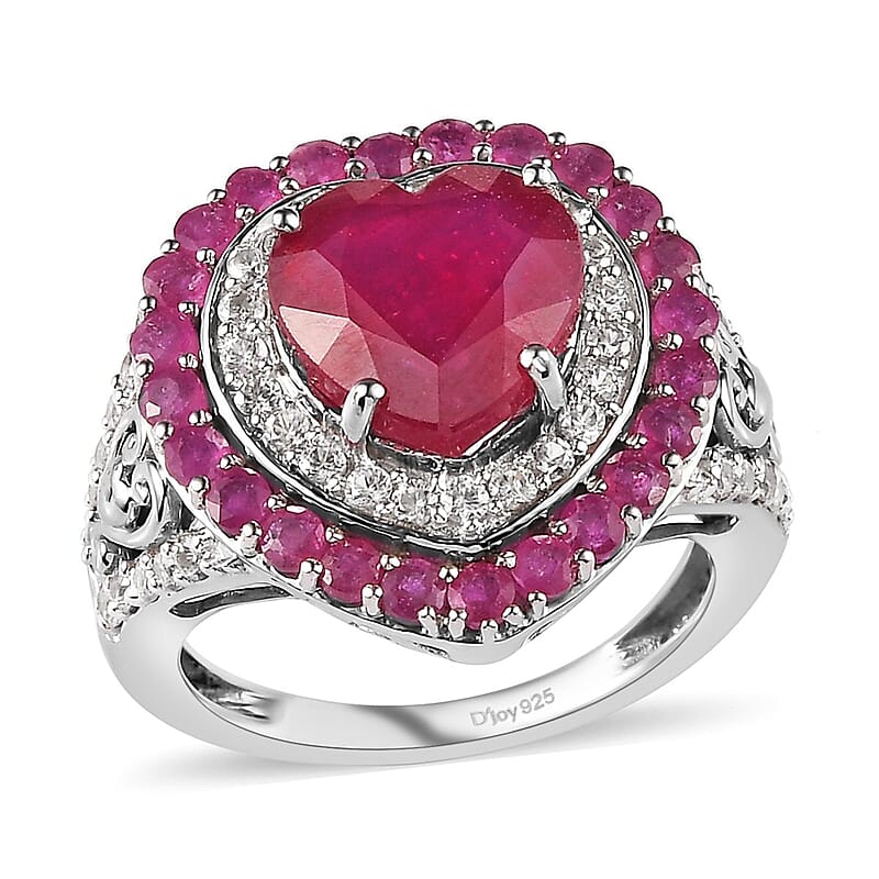 Niassa Ruby (FF) and Natural White Zircon Heart Ring in Platinum Over Sterling Silver (Size 5.0) 7.60 ctw