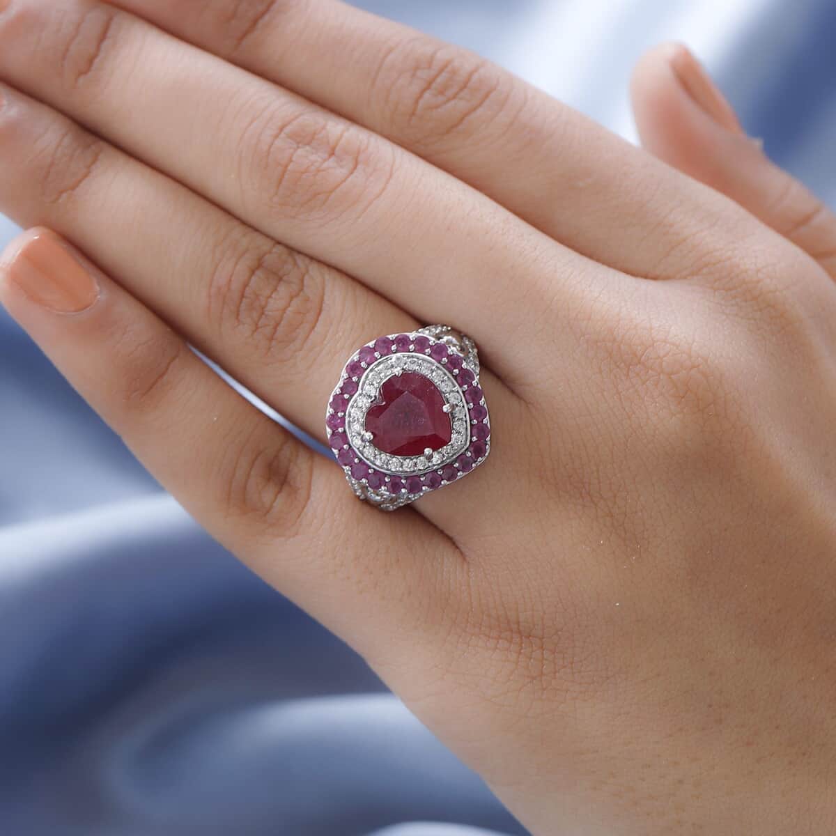 TLV Niassa Ruby, Natural White Zircon Ring in Platinum Over Sterling Silver (Size 7.0) 7.20 ctw image number 2