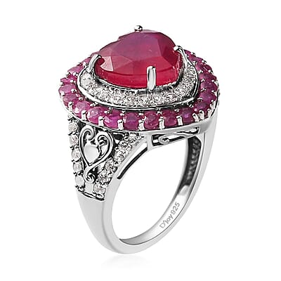 Niassa Ruby (FF) and Natural White Zircon Heart Ring in Platinum Over Sterling Silver (Size 5.0) 7.60 ctw