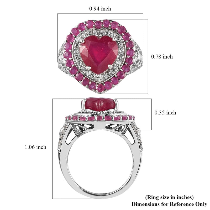 Niassa Ruby (FF) and Natural White Zircon Heart Ring in Platinum Over Sterling Silver (Size 5.0) 7.60 ctw