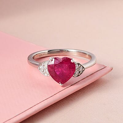 Niassa Ruby (FF) and Moissanite Heart Ring in Platinum Over Sterling Silver (Size 10.0) 2.75 ctw
