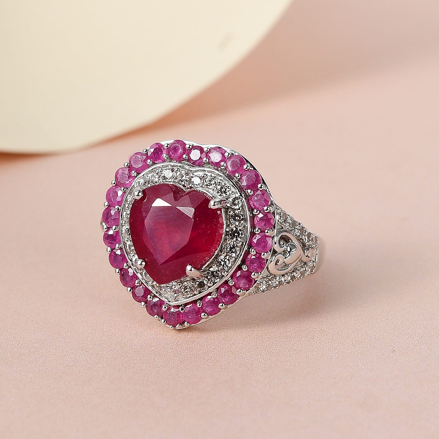 Niassa Ruby (FF) and White Zircon Heart Ring in Platinum Over Sterling Silver (Size 7.0) 7.60 ctw