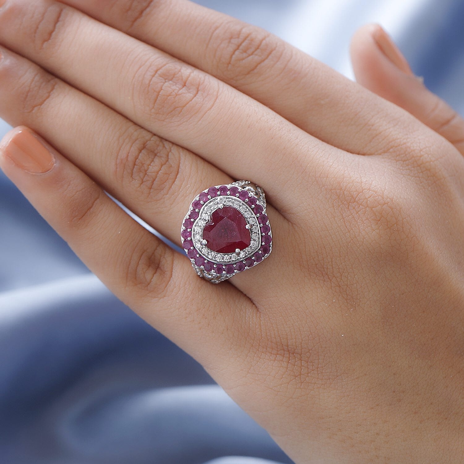 Niassa Ruby (FF) and White Zircon Heart Ring in Platinum Over Sterling Silver (Size 7.0) 7.60 ctw