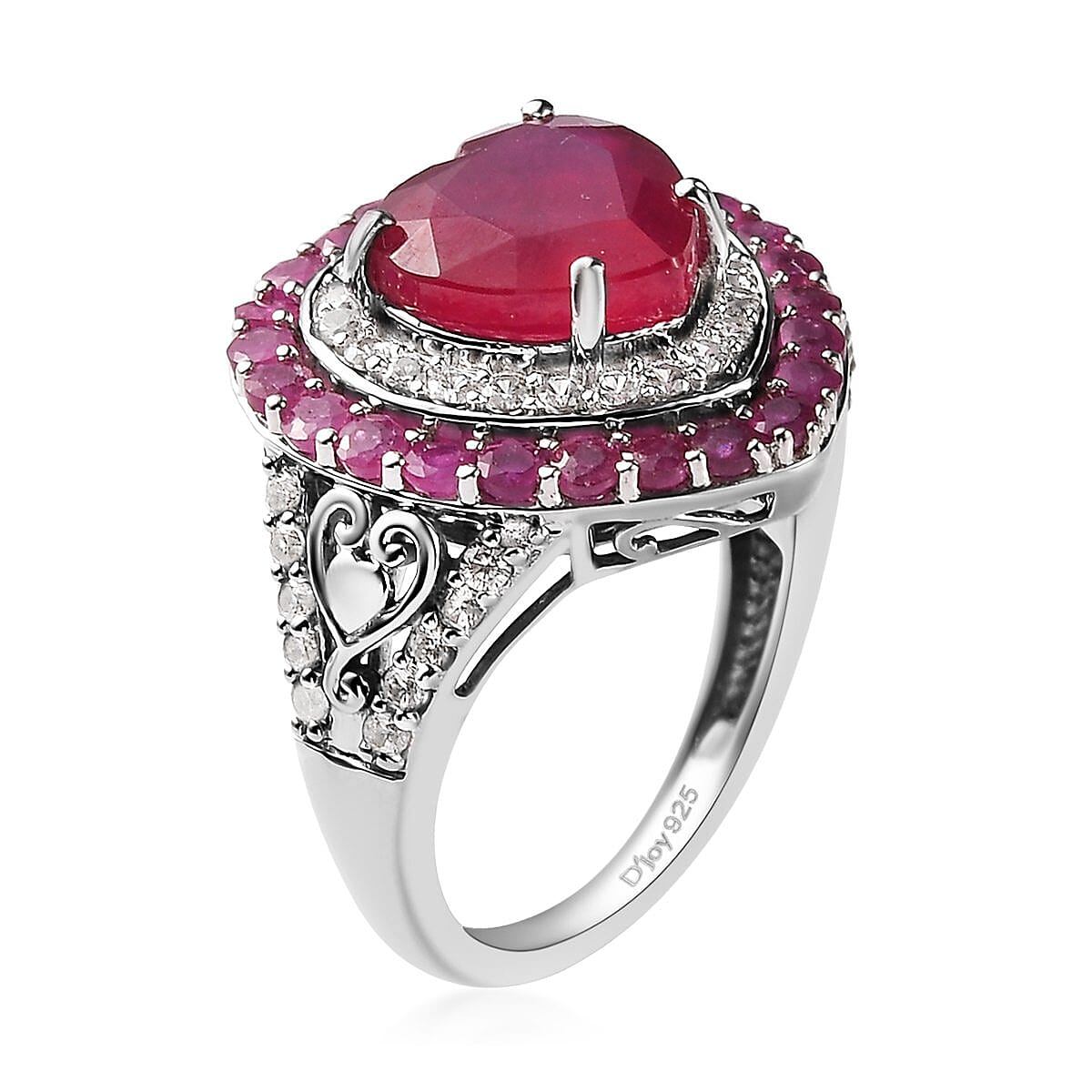 Niassa Ruby (FF) and White Zircon Heart Ring in Platinum Over Sterling Silver (Size 7.0) 7.60 ctw