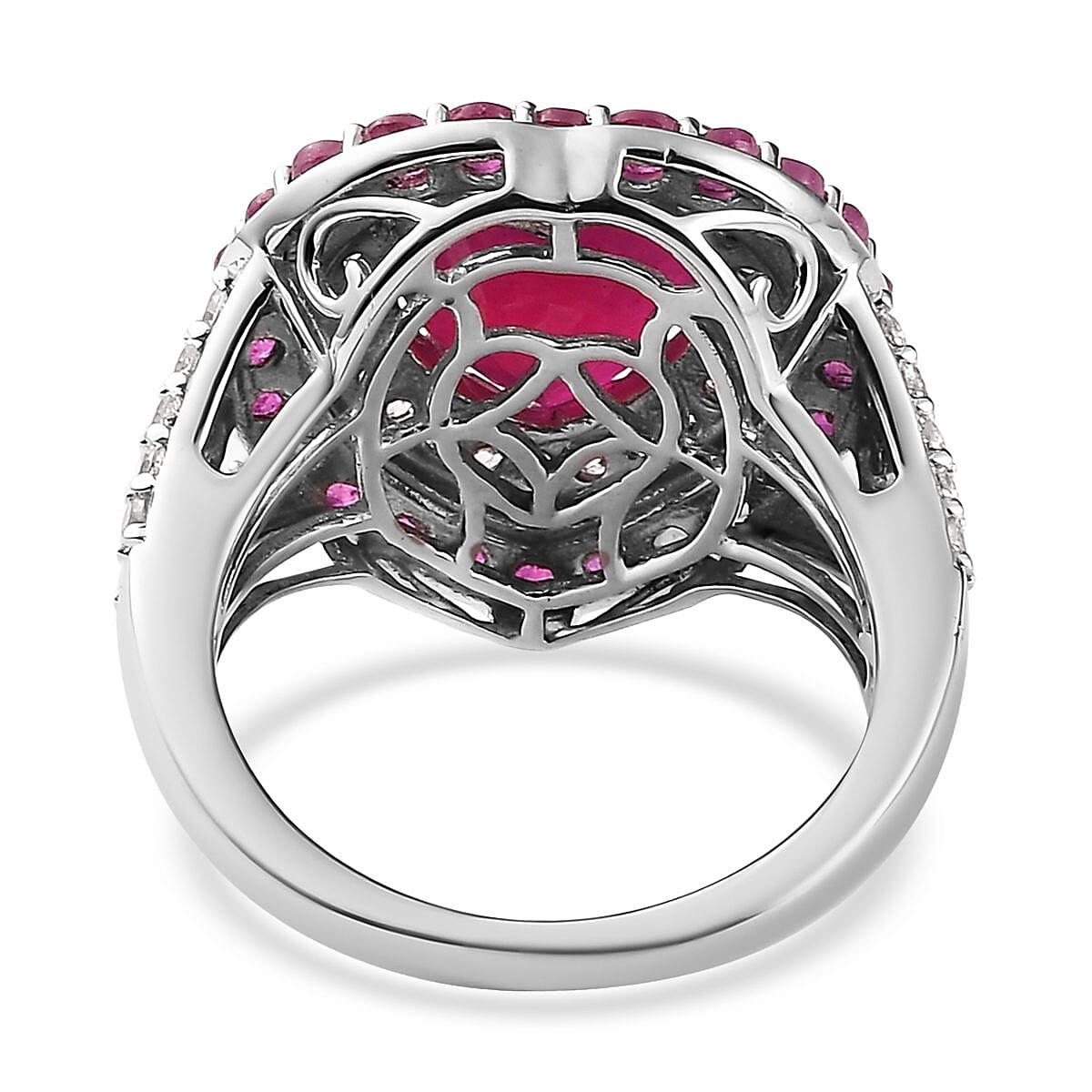 Niassa Ruby (FF) and White Zircon Heart Ring in Platinum Over Sterling Silver (Size 7.0) 7.60 ctw