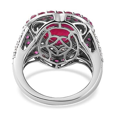 Niassa Ruby (FF) and White Zircon Heart Ring in Platinum Over Sterling Silver (Size 7.0) 7.60 ctw