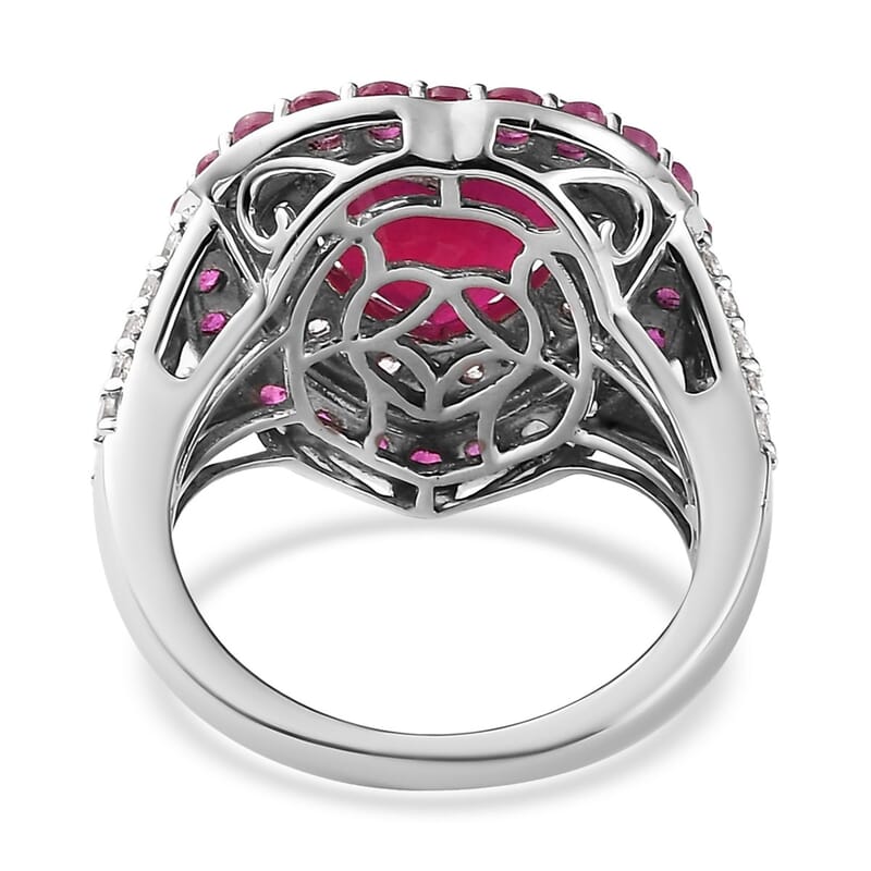 Niassa Ruby (FF) and White Zircon Heart Ring in Platinum Over Sterling Silver (Size 7.0) 7.60 ctw