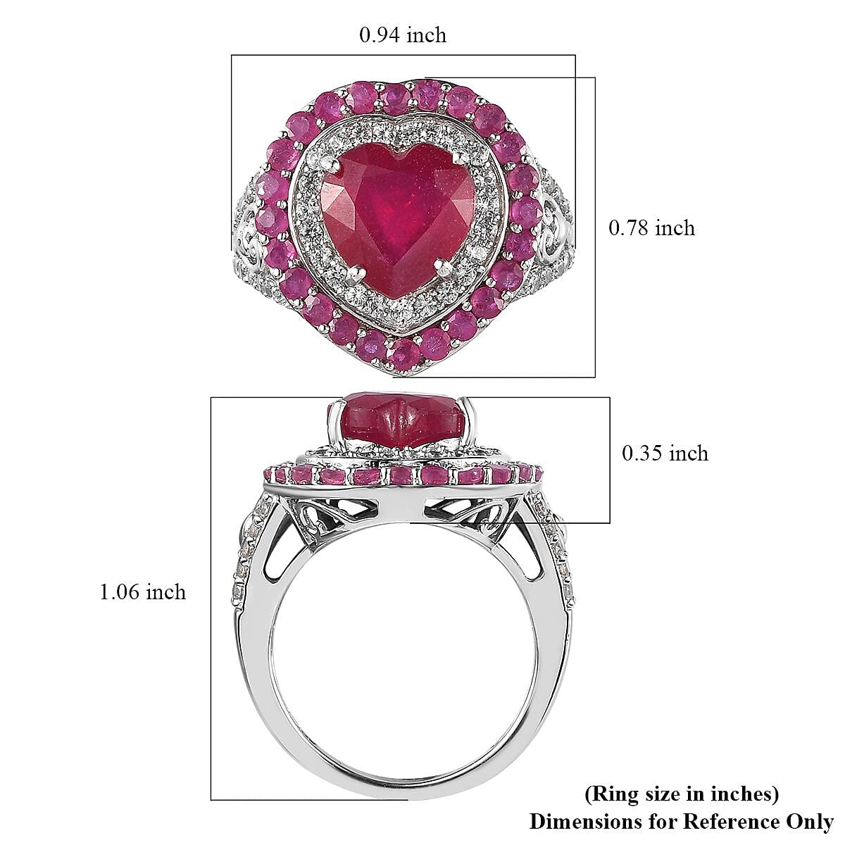 Niassa Ruby (FF) and White Zircon Heart Ring in Platinum Over Sterling Silver (Size 7.0) 7.60 ctw