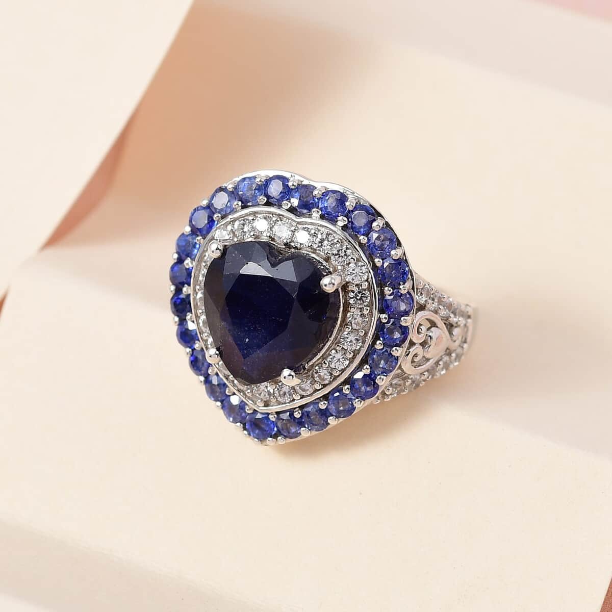 Masoala Sapphire (FF) and White Zircon Heart Ring in Platinum Over Sterling Silver (Size 7.0) 7.75 ctw image number 1