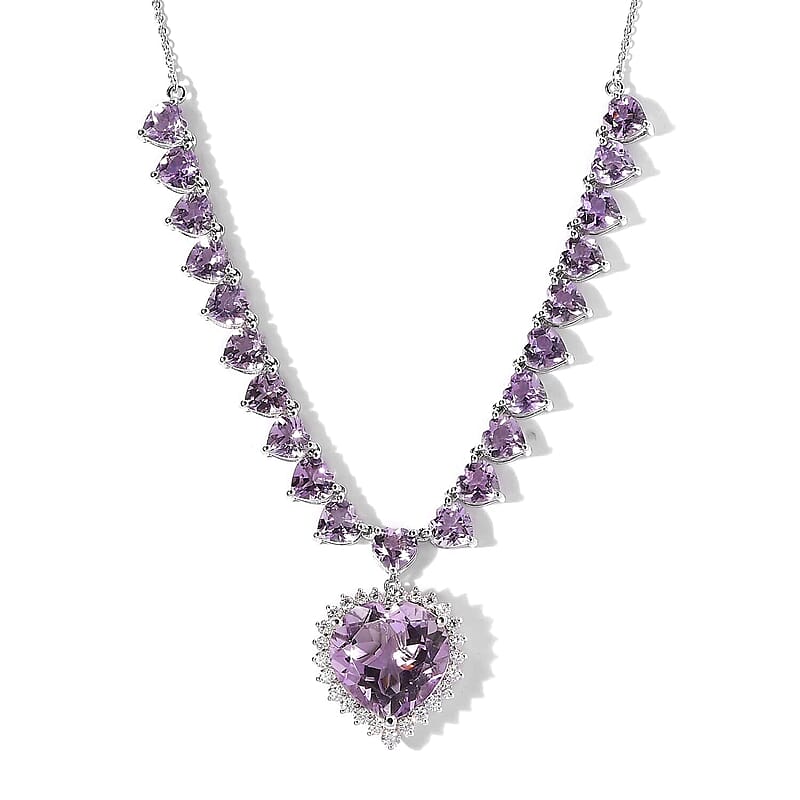 Rose De France Amethyst and Moissanite Heart Necklace 18 Inches in Platinum Over Sterling Silver 41.35 ctw