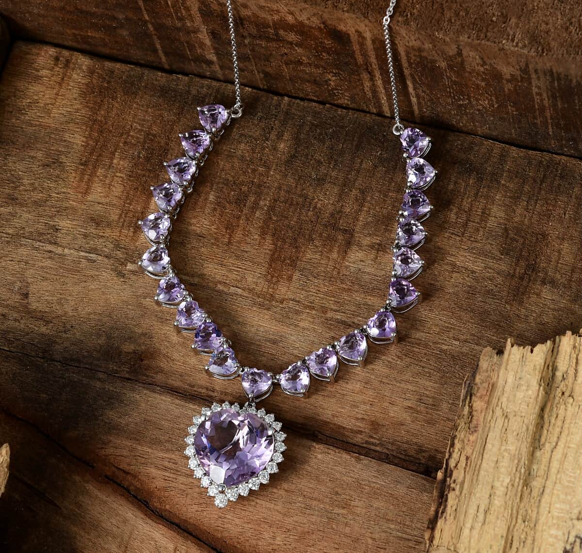 Rose De France Amethyst and Moissanite Heart Necklace 18 Inches in Platinum Over Sterling Silver 41.35 ctw image number 1