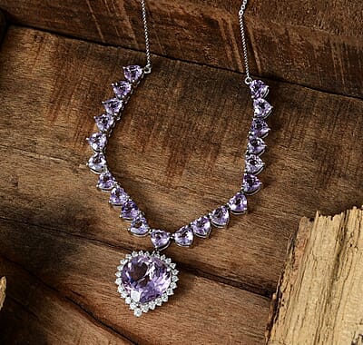 Rose De France Amethyst and Moissanite Heart Necklace 18 Inches in Platinum Over Sterling Silver 41.35 ctw