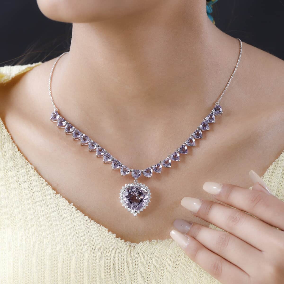 Rose De France Amethyst and Moissanite Heart Necklace 18 Inches in Platinum Over Sterling Silver 41.35 ctw image number 2