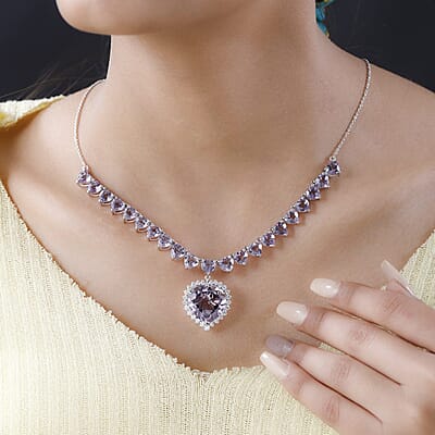 Rose De France Amethyst and Moissanite Heart Necklace 18 Inches in Platinum Over Sterling Silver 41.35 ctw
