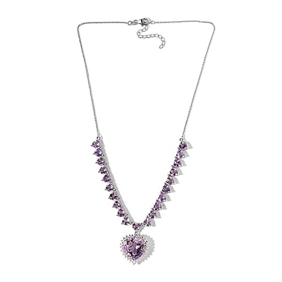 Rose De France Amethyst and Moissanite Heart Necklace 18 Inches in Platinum Over Sterling Silver 41.35 ctw