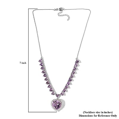 Rose De France Amethyst and Moissanite Heart Necklace 18 Inches in Platinum Over Sterling Silver 41.35 ctw