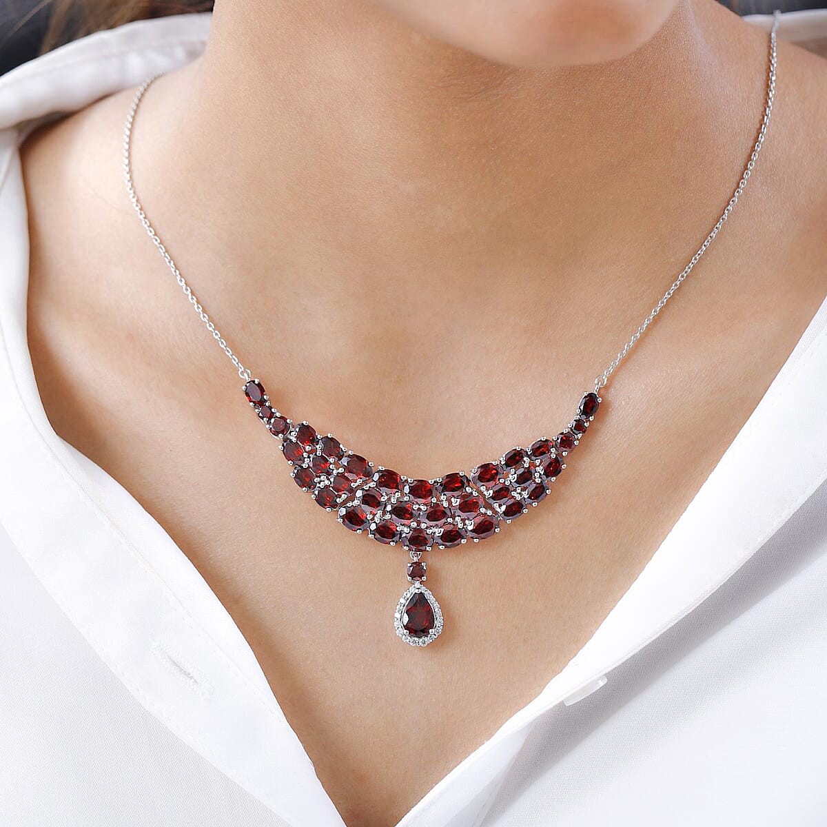 Mozambique Garnet and White Zircon Necklace 18-20 Inches in Platinum Over Sterling Silver 26.35 ctw image number 2