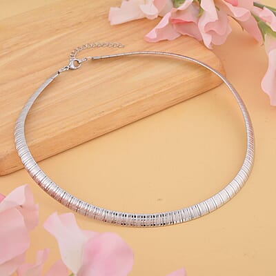 Stripe Textured Omega Chain Necklace (18-20 Inches) in Stainless Steel (21 g) , Tarnish-Free, Waterproof, Sweat Proof Jewelry