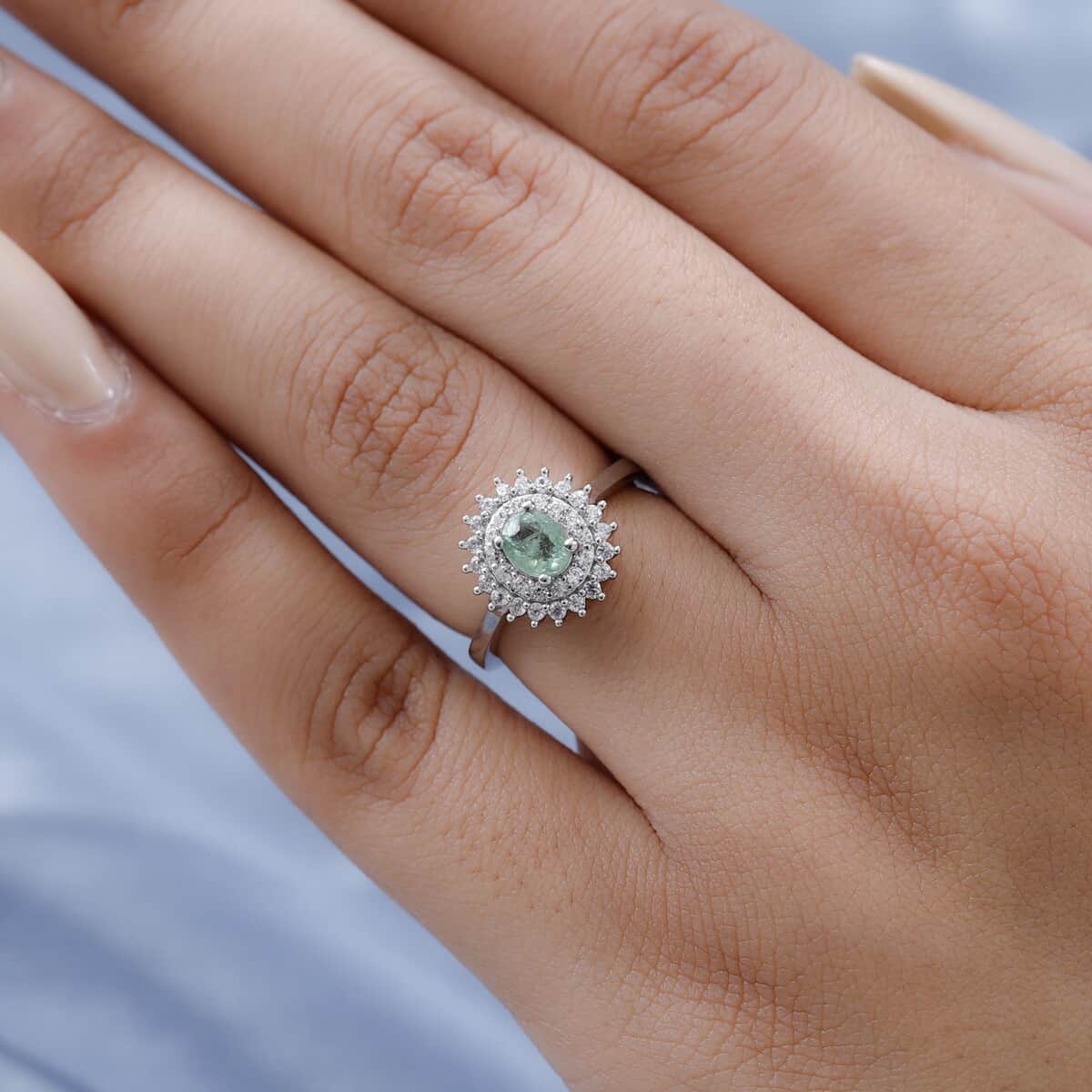 Ambanja Demantoid Garnet and White Zircon Sunburst Ring in Platinum Over Sterling Silver (Size 10.0) 1.00 ctw image number 2