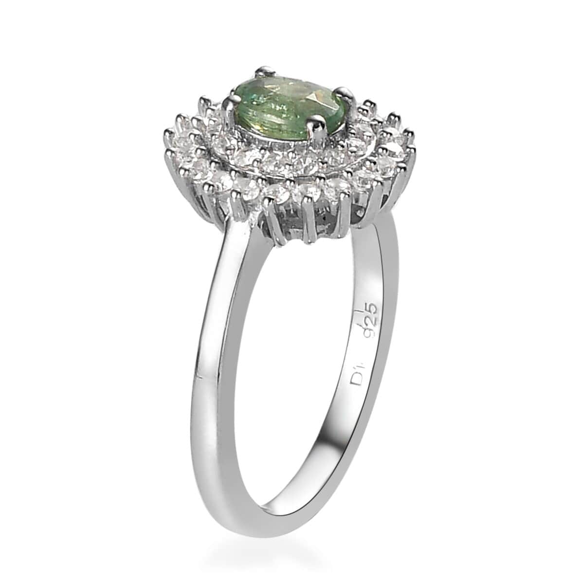 Ambanja Demantoid Garnet and White Zircon Sunburst Ring in Platinum Over Sterling Silver (Size 10.0) 1.00 ctw image number 3
