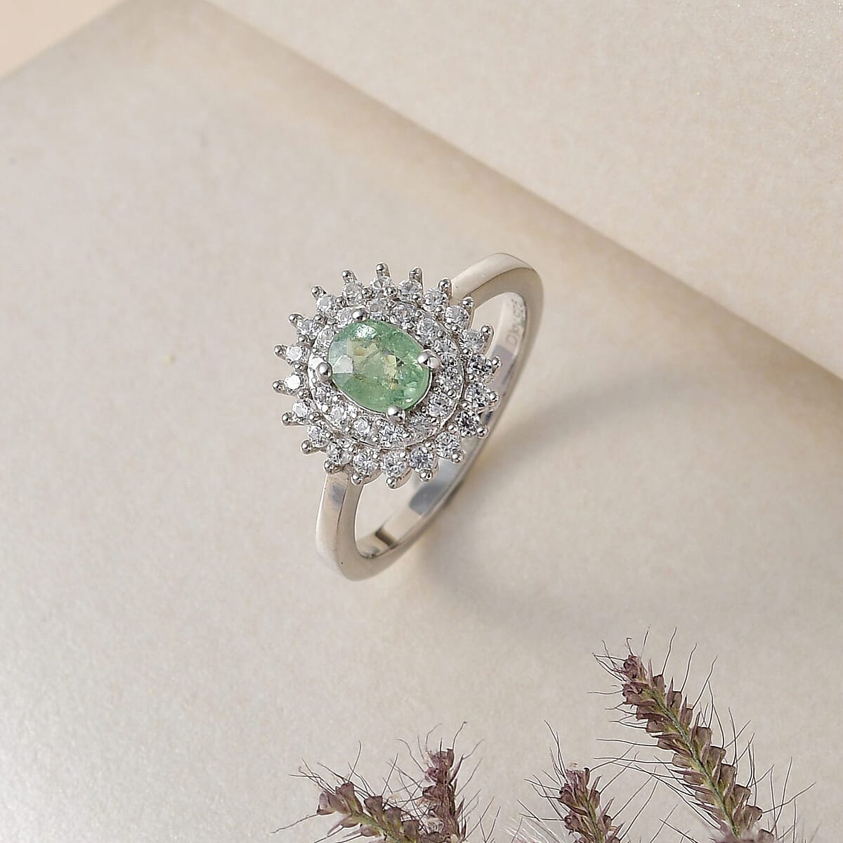 Ambanja Demantoid Garnet and White Zircon Sunburst Ring in Platinum Over Sterling Silver (Size 8.0) 1.00 ctw image number 1