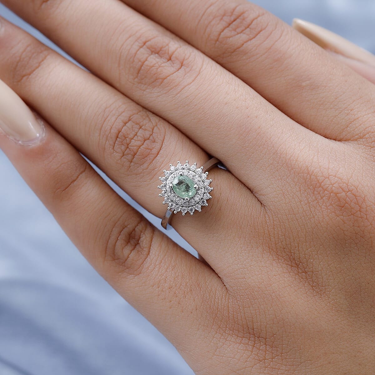 Ambanja Demantoid Garnet and White Zircon Sunburst Ring in Platinum Over Sterling Silver (Size 8.0) 1.00 ctw image number 2