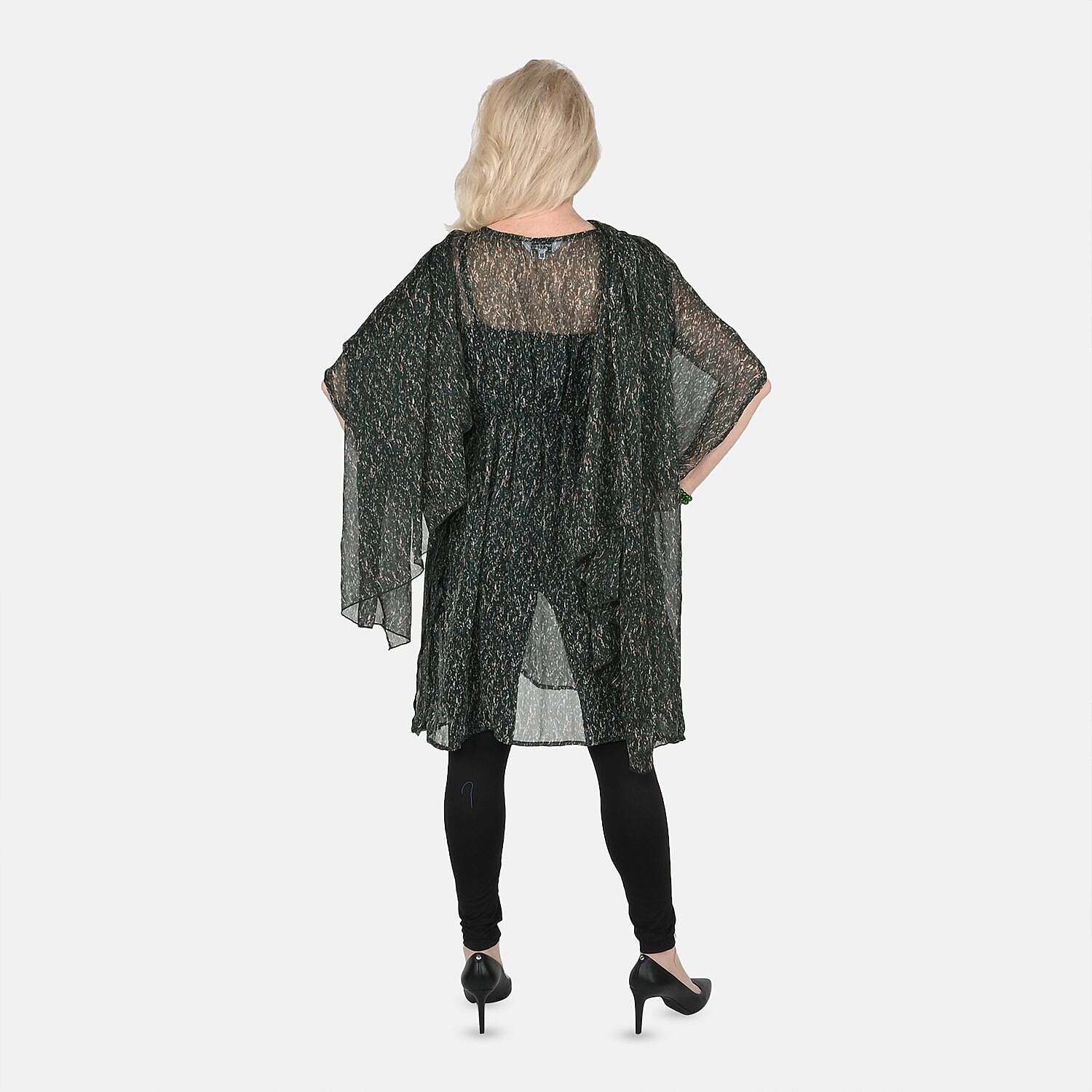 Tamsy Green Forest Print Poly Chiffon Kaftan with Scarf and 2pcs Matching Glass Beaded Stretch Bracelet