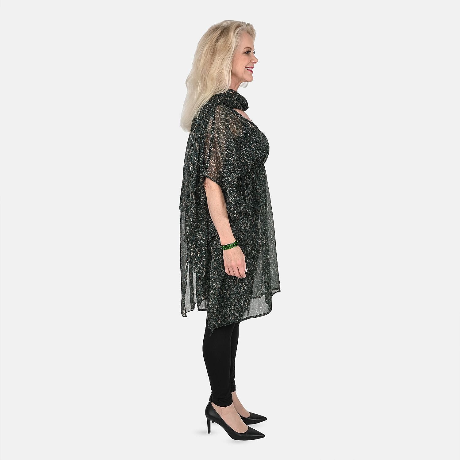Tamsy Green Forest Print Poly Chiffon Kaftan with Scarf and 2pcs Matching Glass Beaded Stretch Bracelet