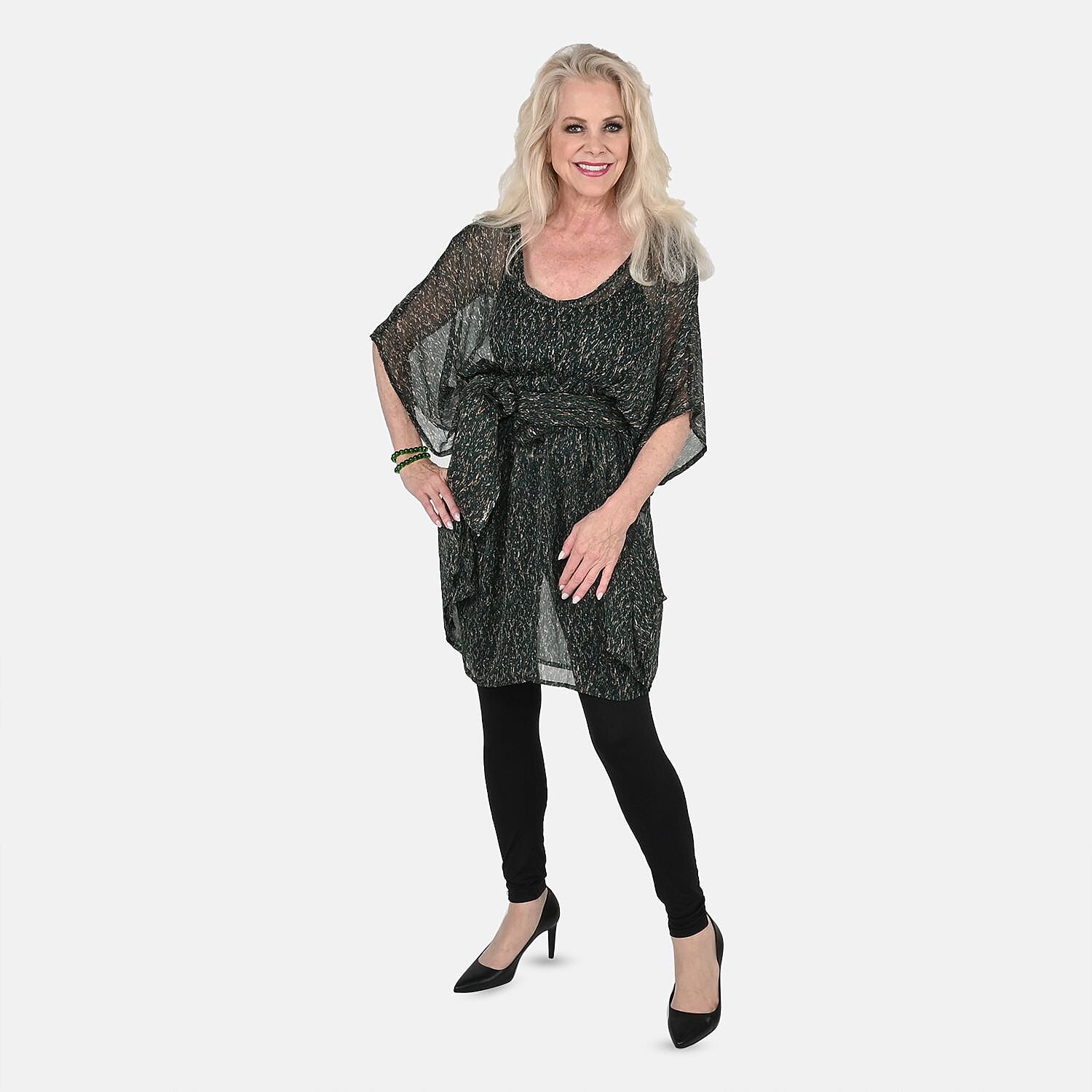 Tamsy Green Forest Print Poly Chiffon Kaftan with Scarf and 2pcs Matching Glass Beaded Stretch Bracelet