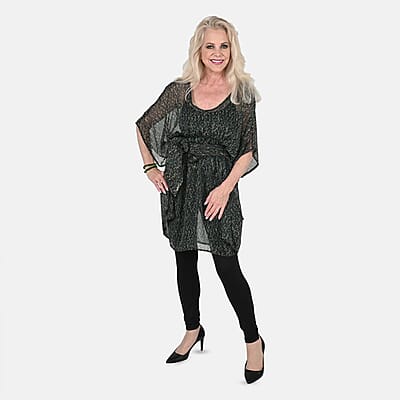 Tamsy Green Forest Print Poly Chiffon Kaftan with Scarf and 2pcs Matching Glass Beaded Stretch Bracelet