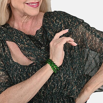 Tamsy Green Forest Print Poly Chiffon Kaftan with Scarf and 2pcs Matching Glass Beaded Stretch Bracelet