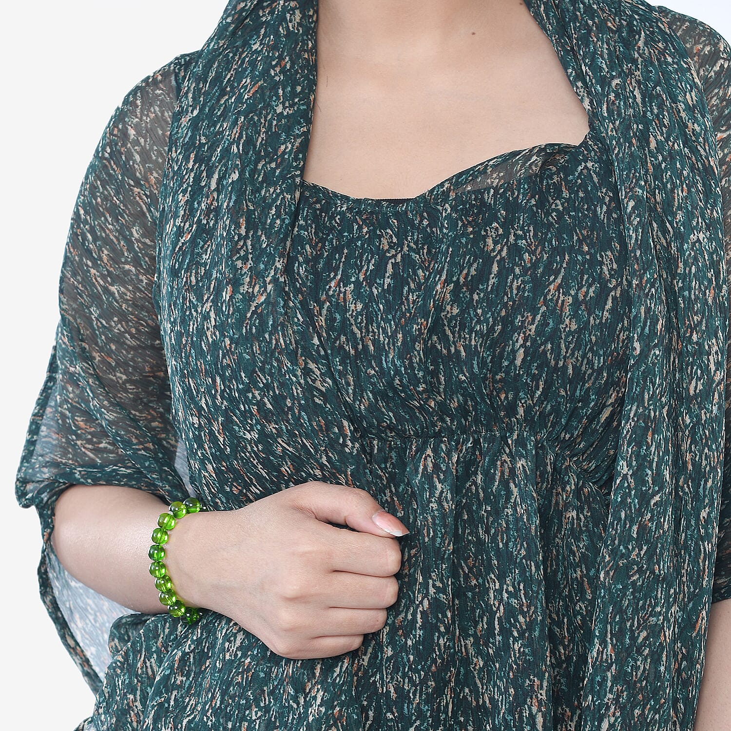 Tamsy Green Forest Print Poly Chiffon Kaftan with Scarf and 2pcs Matching Glass Beaded Stretch Bracelet