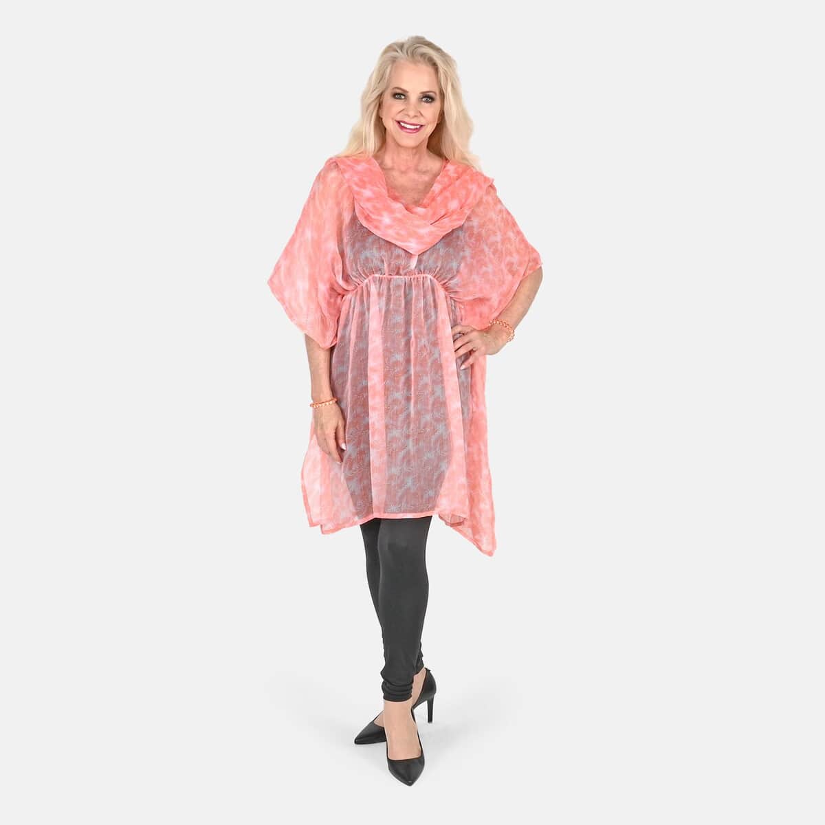Tamsy Peach Watercolor Print Poly Chiffon Kaftan with Scarf and 2pcs Matching Glass Beaded Stretch Bracelet image number 0