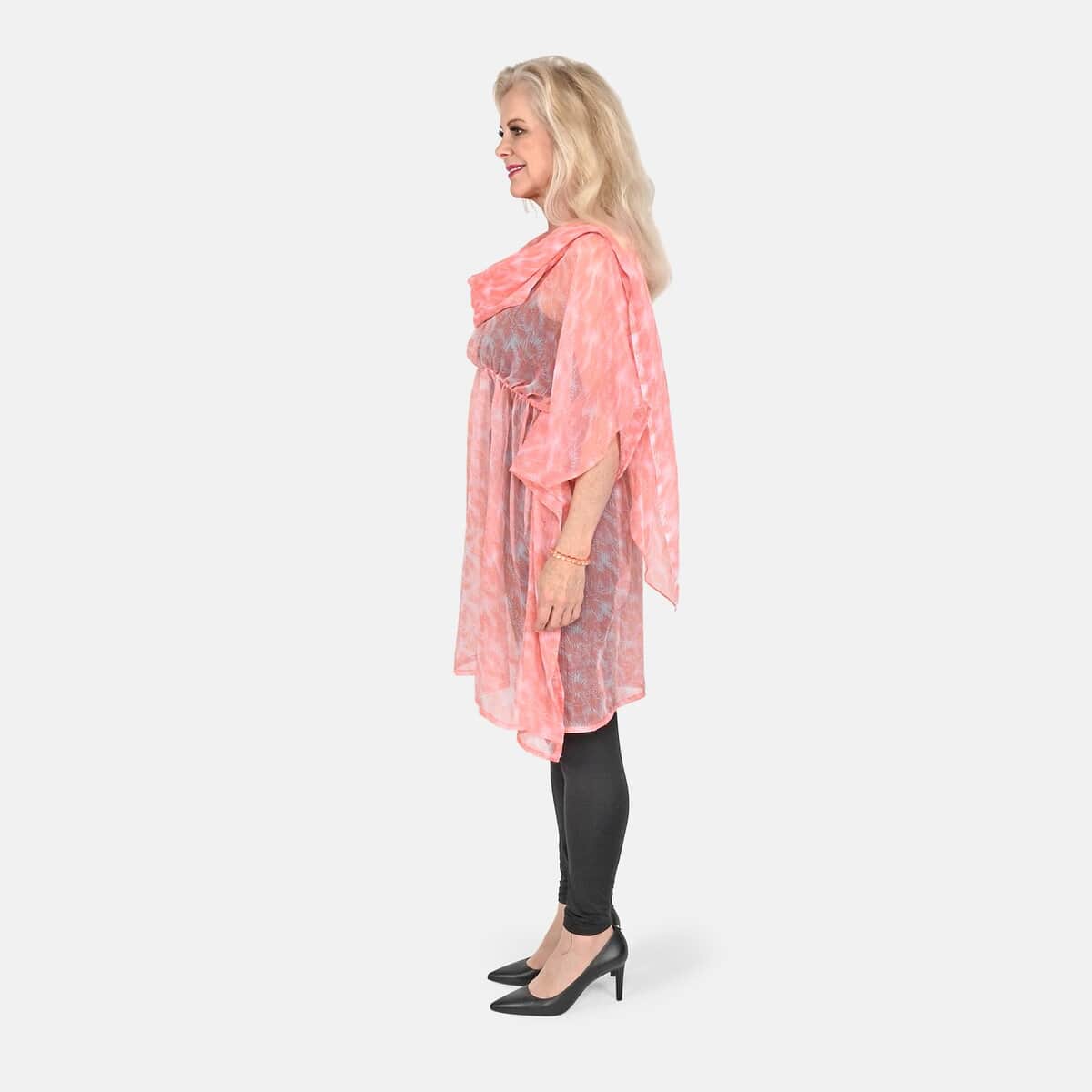 Tamsy Peach Watercolor Print Poly Chiffon Kaftan with Scarf and 2pcs Matching Glass Beaded Stretch Bracelet image number 2