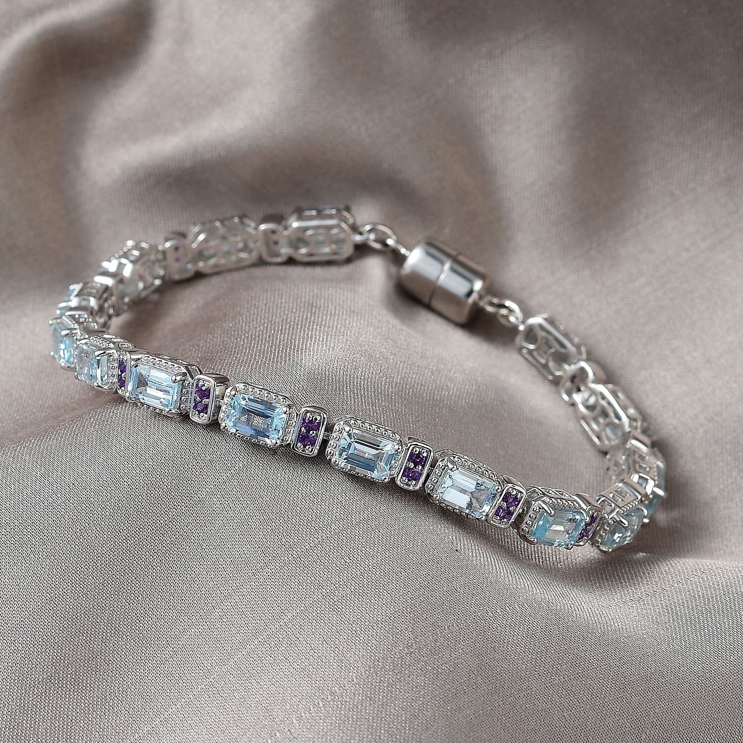 Premium Sky Blue Topaz and African Amethyst 11.20 ctw Bracelet in Rhodium Over Sterling Silver (7.50 In)