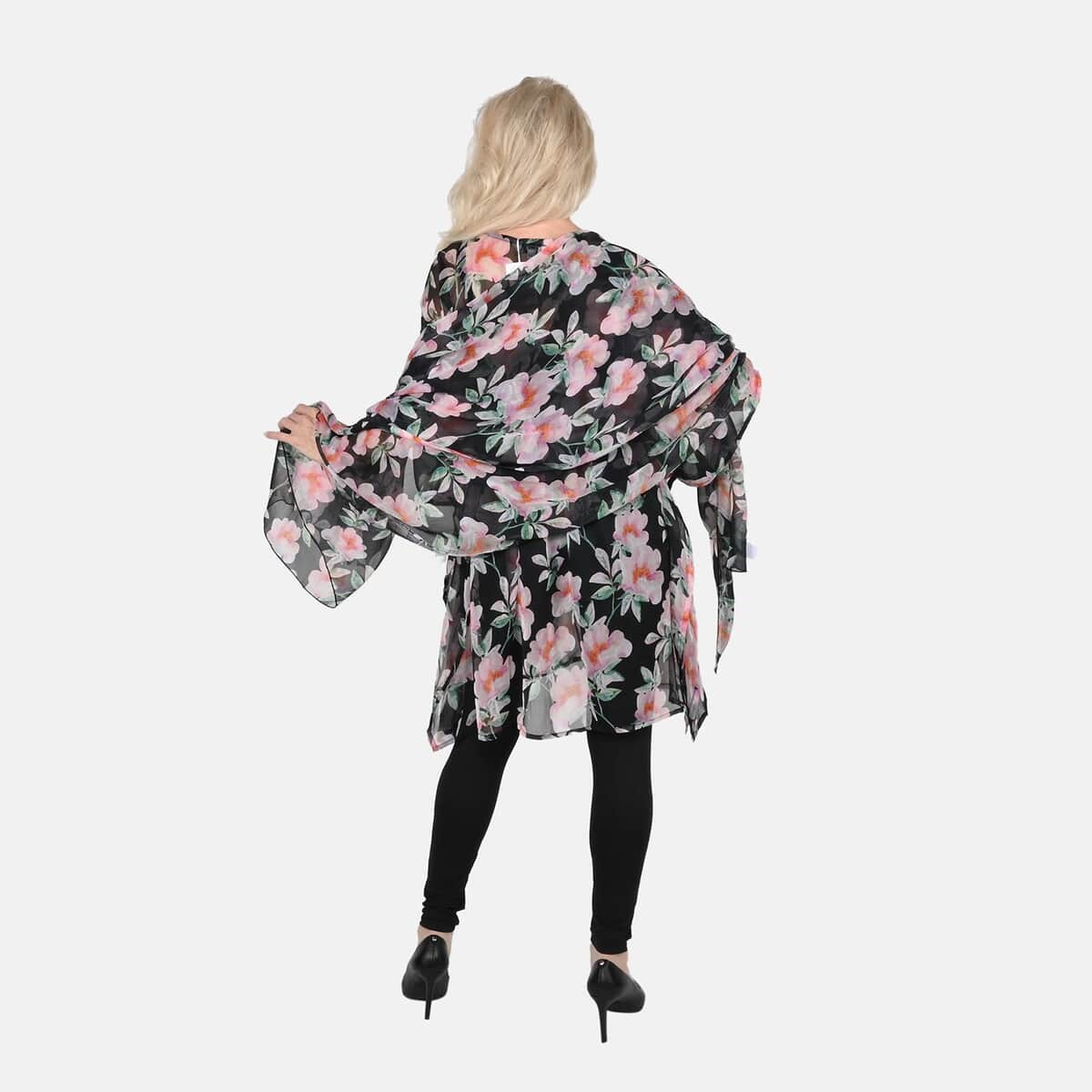 Tamsy Black and Pink Floral Print Poly Chiffon Kaftan with Scarf and 2pcs Matching Glass Beaded Stretch Bracelet image number 1