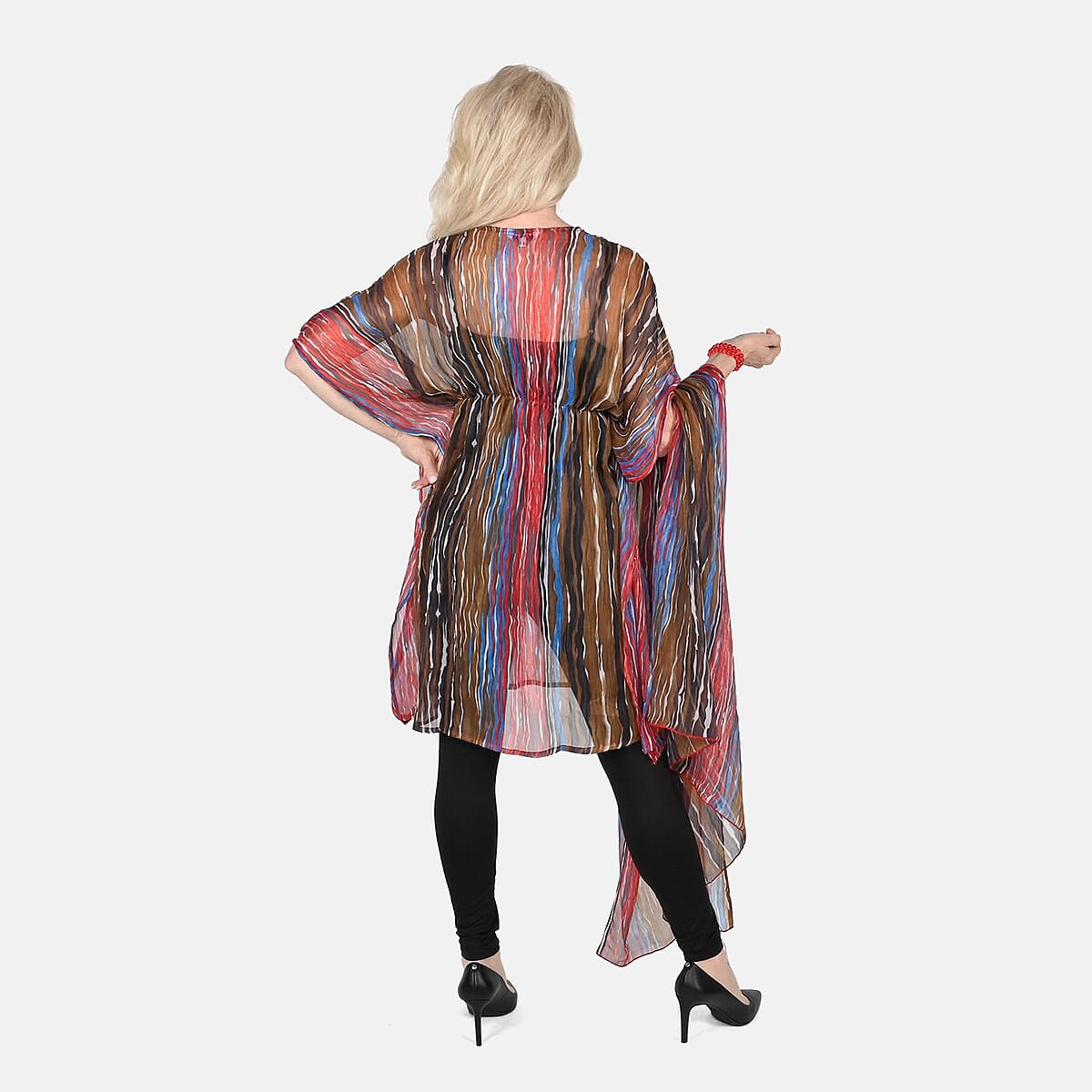 Tamsy Brown Stripe Print Poly Chiffon Kaftan with Scarf and 2 pcs Matching Glass Beaded Stretch Bracelet image number 1