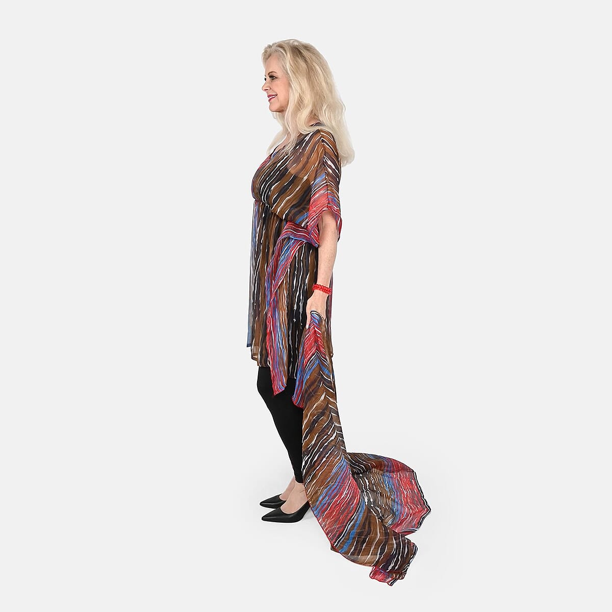 Tamsy Brown Stripe Print Poly Chiffon Kaftan with Scarf and 2 pcs Matching Glass Beaded Stretch Bracelet image number 2