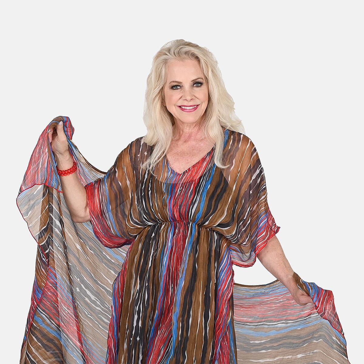 Tamsy Brown Stripe Print Poly Chiffon Kaftan with Scarf and 2 pcs Matching Glass Beaded Stretch Bracelet image number 3
