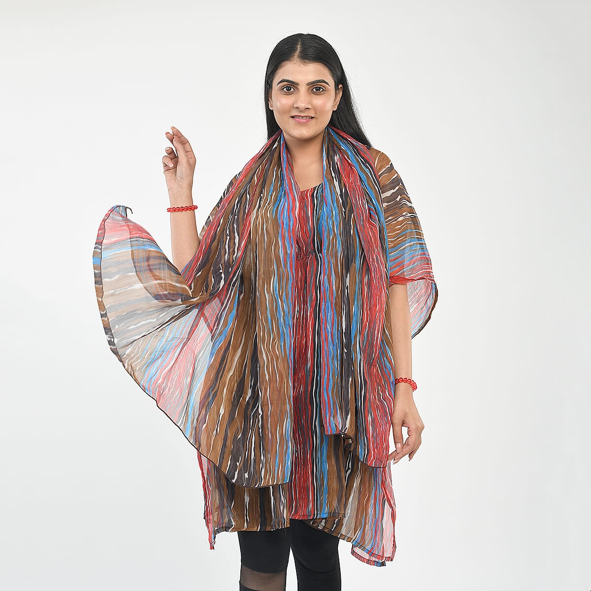 Tamsy Brown Stripe Print Poly Chiffon Kaftan with Scarf and 2 pcs Matching Glass Beaded Stretch Bracelet image number 5