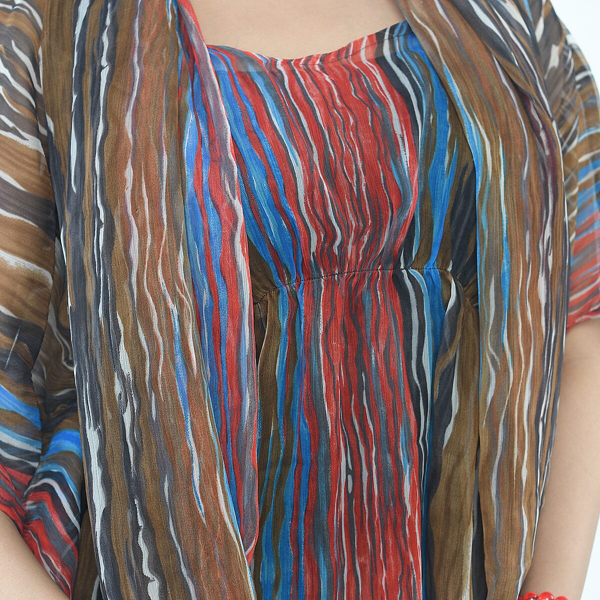 Tamsy Brown Stripe Print Poly Chiffon Kaftan with Scarf and 2 pcs Matching Glass Beaded Stretch Bracelet image number 7