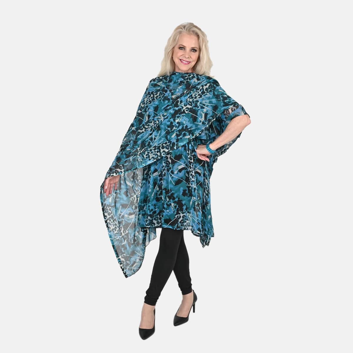 Tamsy Black and Teal Leopard Print Poly Chiffon Kaftan with Scarf and 2pcs Matching Glass Beaded Stretch Bracelet image number 0