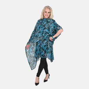 Tamsy Black and Teal Leopard Print Poly Chiffon Kaftan with Scarf and 2pcs Matching Glass Beaded Stretch Bracelet